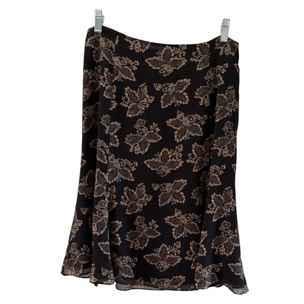 Ann Taylor LOFT Black Floral Silk Midi Skirt Size 8 Tan Blue‎ Flounce